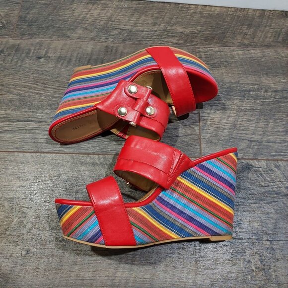 Nine West Red Lara Striped Wedge Slip on Sandals Sz 7.5 Beachcore - Picture 6 of 13